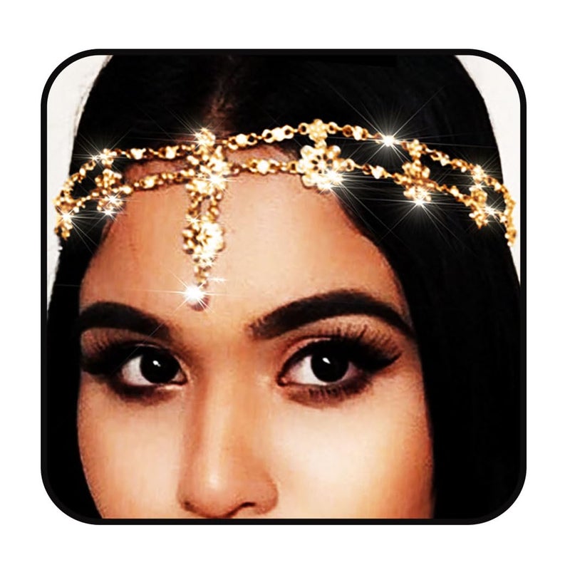 Yalice Indian Flower Head Chain Jewelry Gold Crystal Headband Elastic Goddess Headpieces Rhinestone Wedding Hair Chain Jewelry for Women(Gold-1) - Image 1